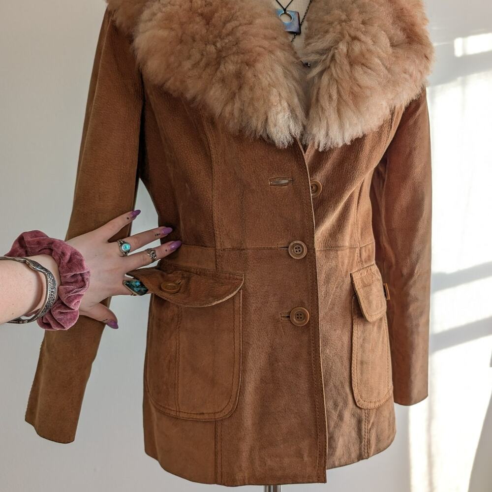 Vintage Brown Leather Coat 70s Suede Penny Lane Jacket Boho Chic Neutral Small - Picture 6 of 10
